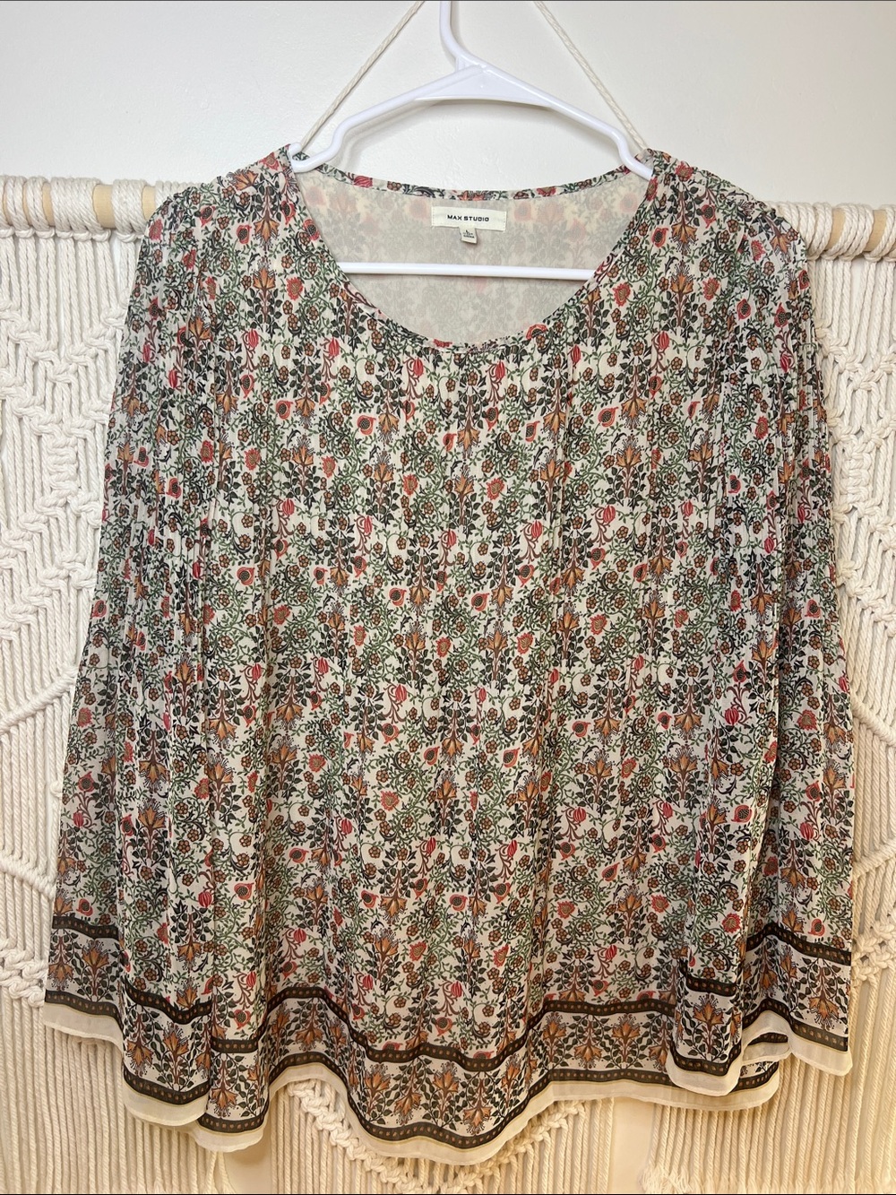 Max Studio Cream Floral Pintuck Tunic with Green and Rust Accents